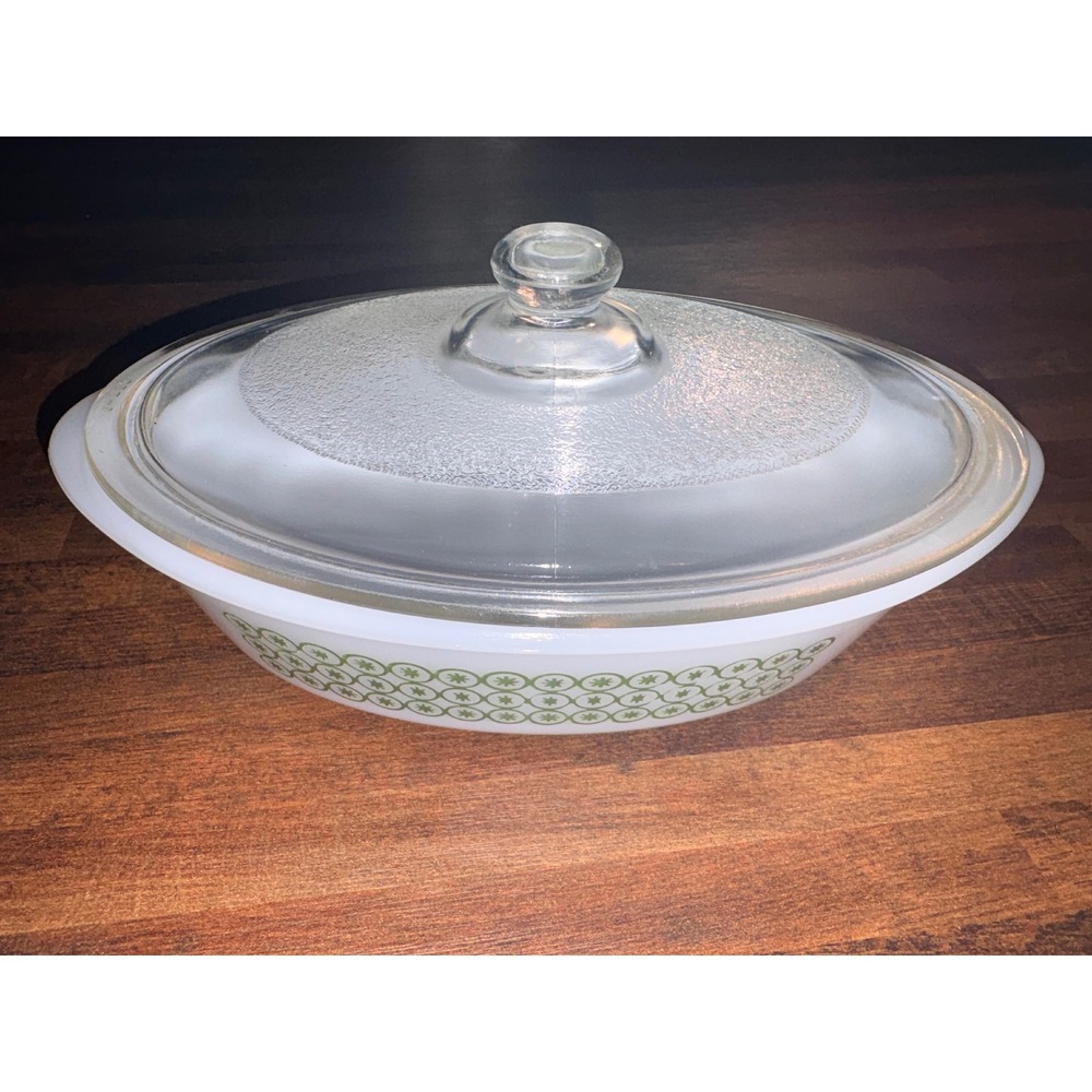 Vintage Ovenware Green Flowers Oval Casserole Dish with Lid 1 Qt